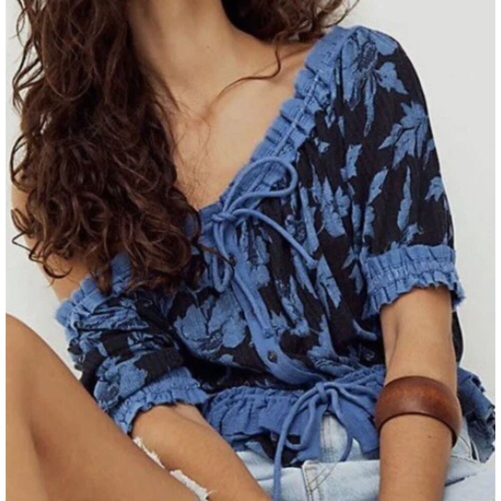 Free People Perfect Day Gathered Top Blue Black Boho Blouse Size Small